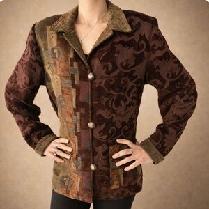 🇨🇦 Vintage Heritage Jacket -Cut Velvet & Tapestry, Burgundy, Olive & Earthy Mix